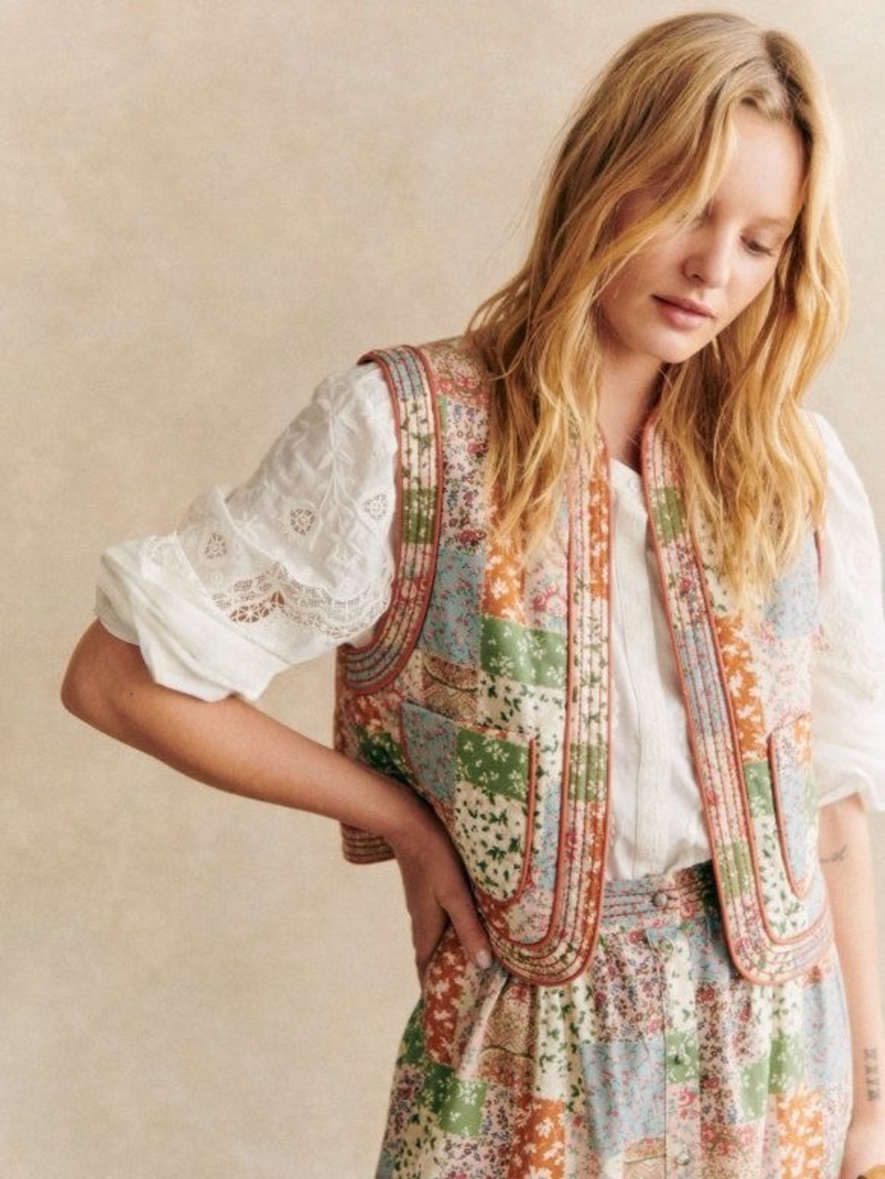 Sezane Tadeo Quilted Vest Patchwork Floral‎ Multicolor 38 NWT